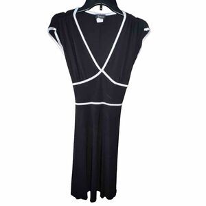 90s Y2K Taboo Black Mini Dress White Satin Piping & Waist Tie Medium